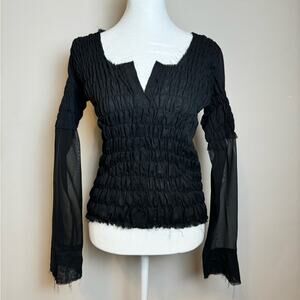 Barami Black Semi Sheer Smocked Long Sleeve Top - Size S
